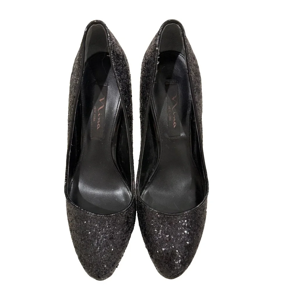 Nina - Black Sparkle Glitter Bling Pumps - 4.25